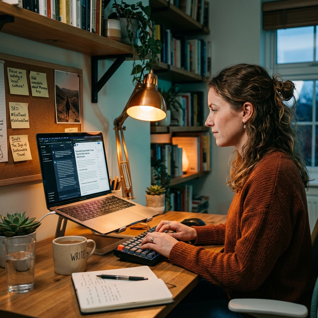 Blogger typing a draft in split-screen setup with ChatGPT on the left and a human-edited blog article on the right