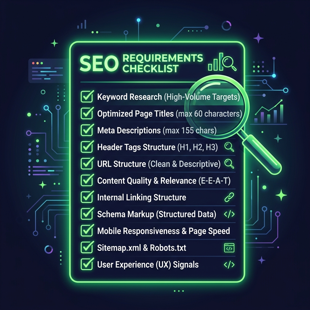 A checklist glowing in neon green with a magnifying glass hovering over it