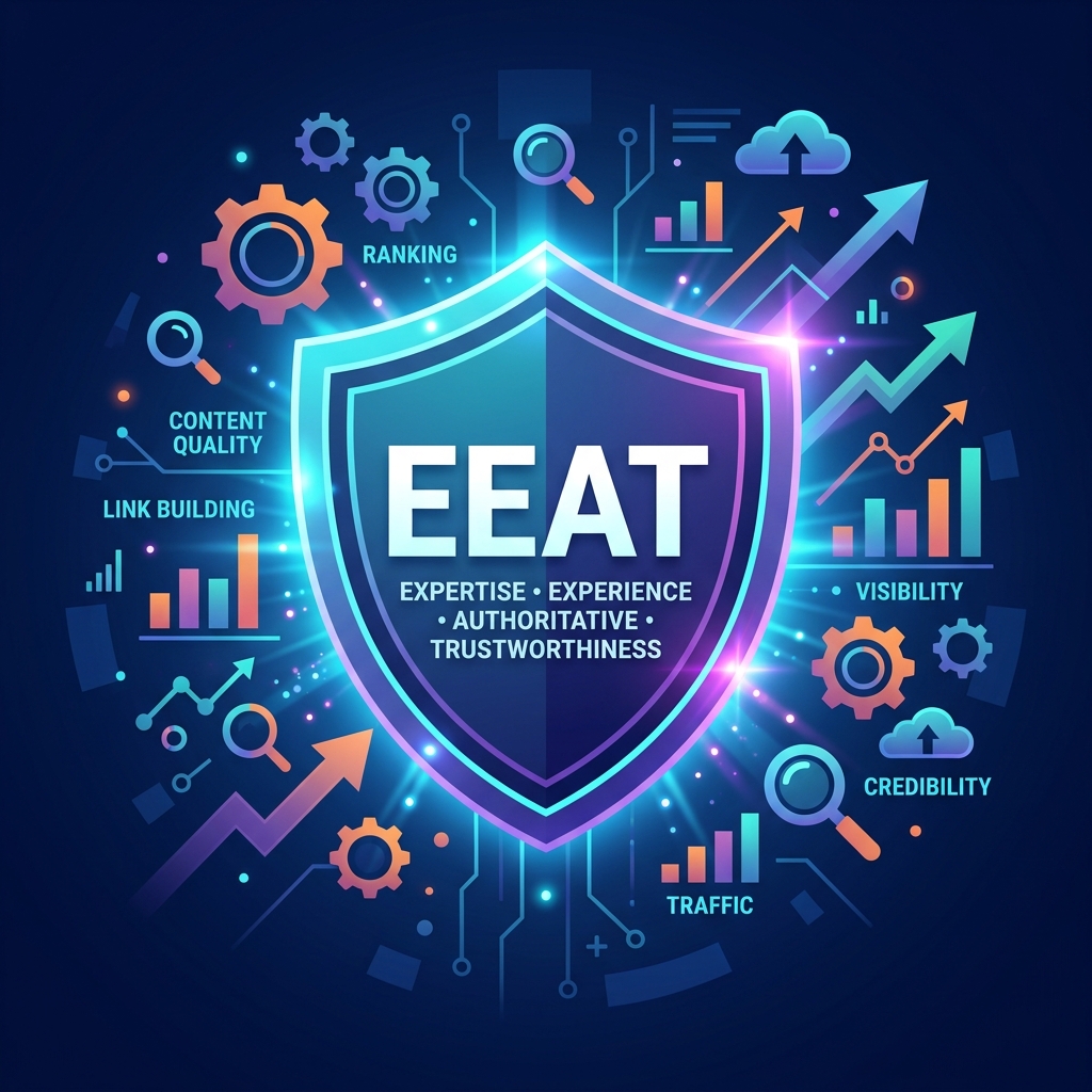A digital shield with EEAT engraved on it glowing with authority
