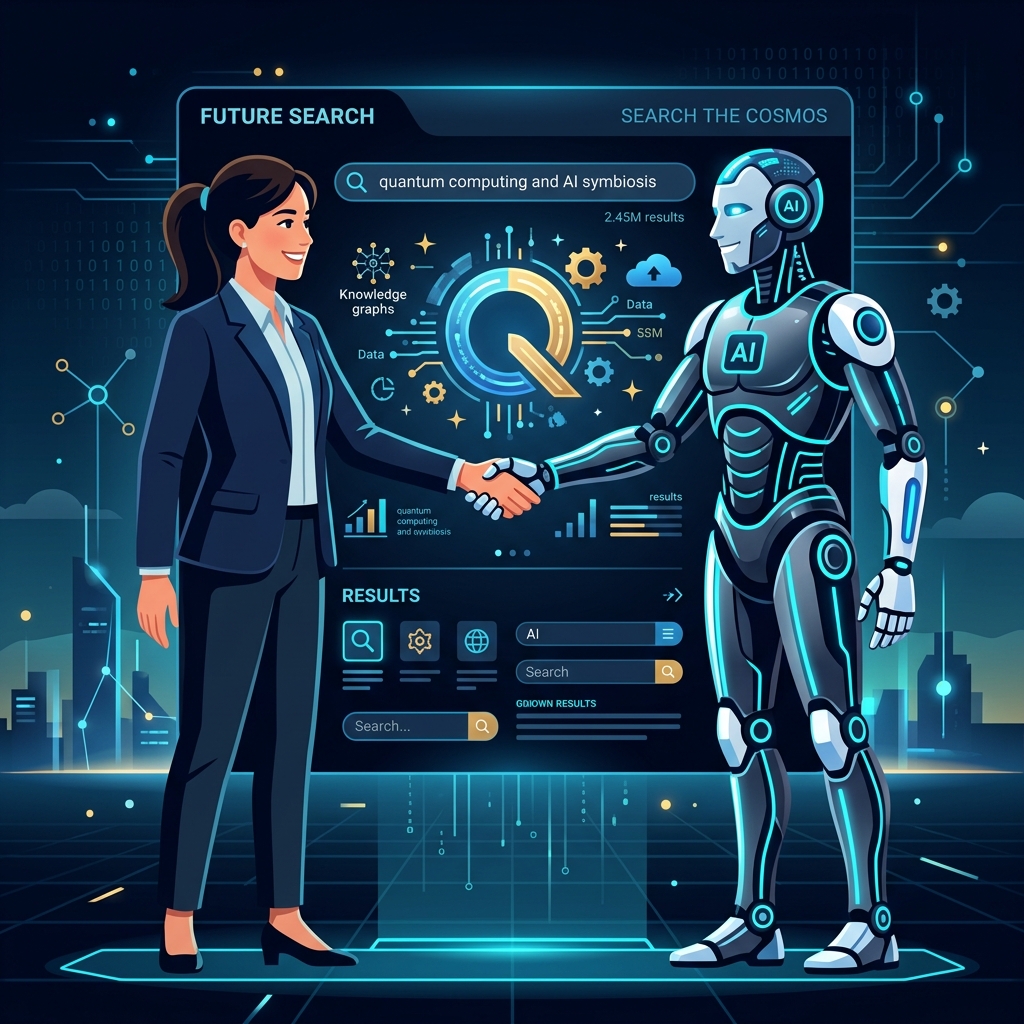 A human and AI robot shaking hands over a futuristic search engine interface