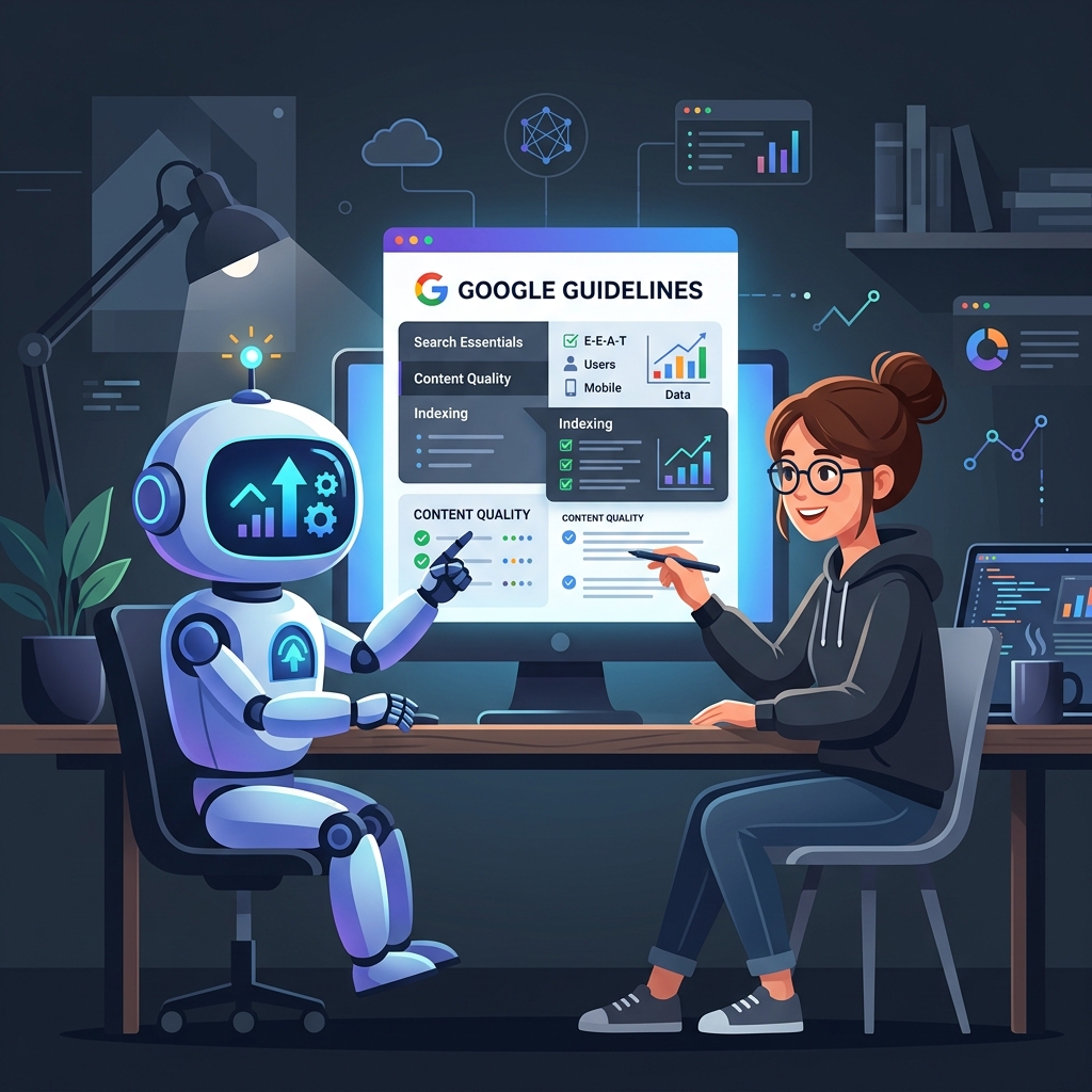 A Google guidelines document being analyzed by a friendly robot and a human