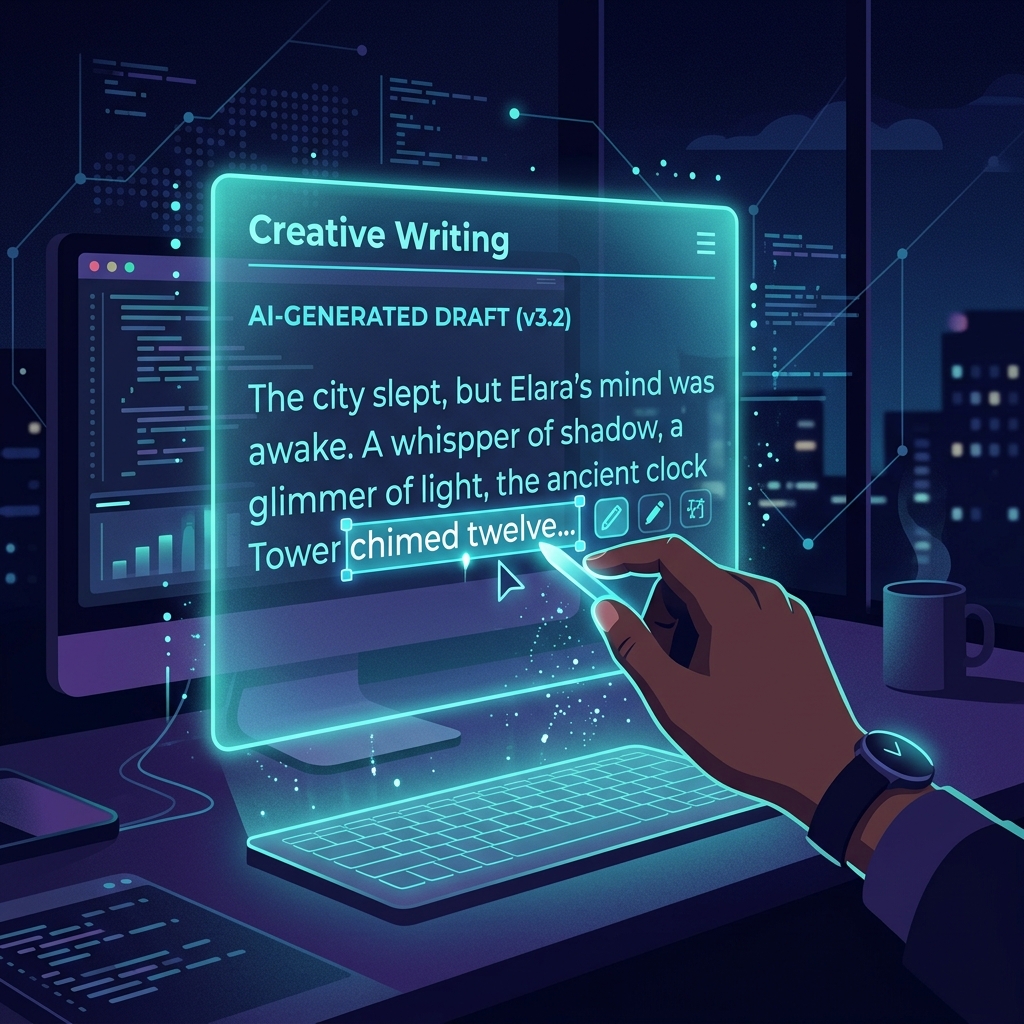 A human hand editing a glowing holographic text document generated by AI