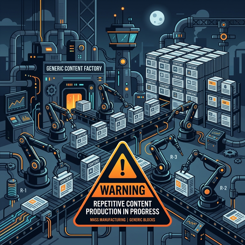 A robotic factory producing generic, repetitive content blocks