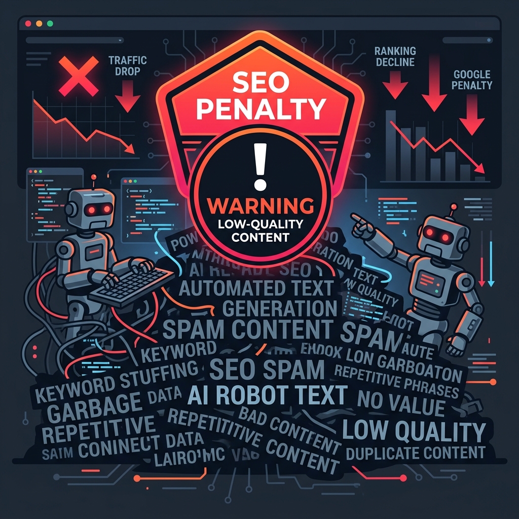 A warning sign over a pile of low-quality automated robotic text
