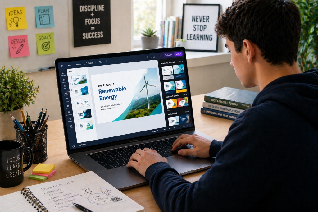 Canva AI — student designing a professional Renewable Energy presentation with motivational posters and sticky notes in background