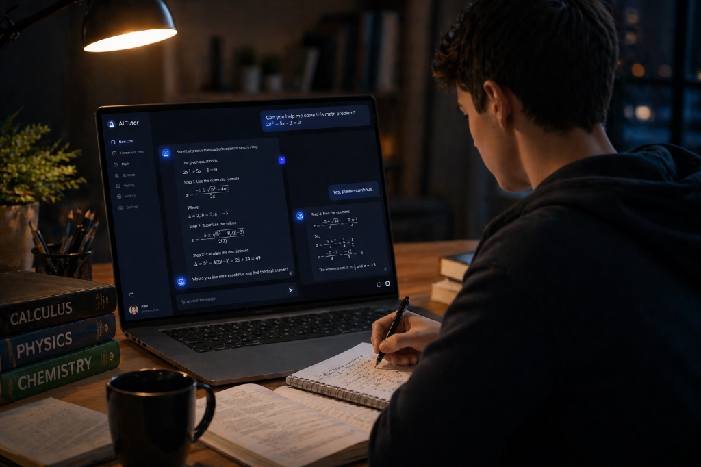 ChatGPT AI Tutor helping a student solve math problems step-by-step — Calculus, Physics, Chemistry books on desk