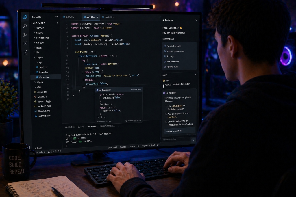 GitHub Copilot — developer using VS Code with AI Assistant suggesting code optimizations for a React Next.js app