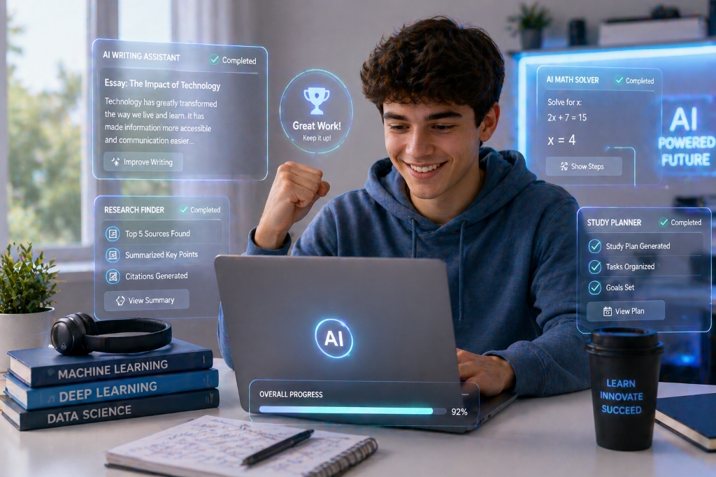 Happy student celebrating with multiple AI tools completed — AI Writing Assistant, Math Solver, Research Finder and Study Planner panels surrounding laptop