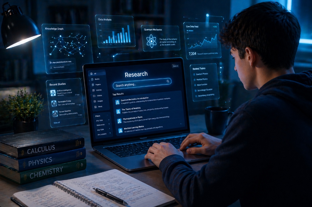Google Gemini — student researching with floating AI data panels showing Knowledge Graph, Data Analysis, Quantum Mechanics topics