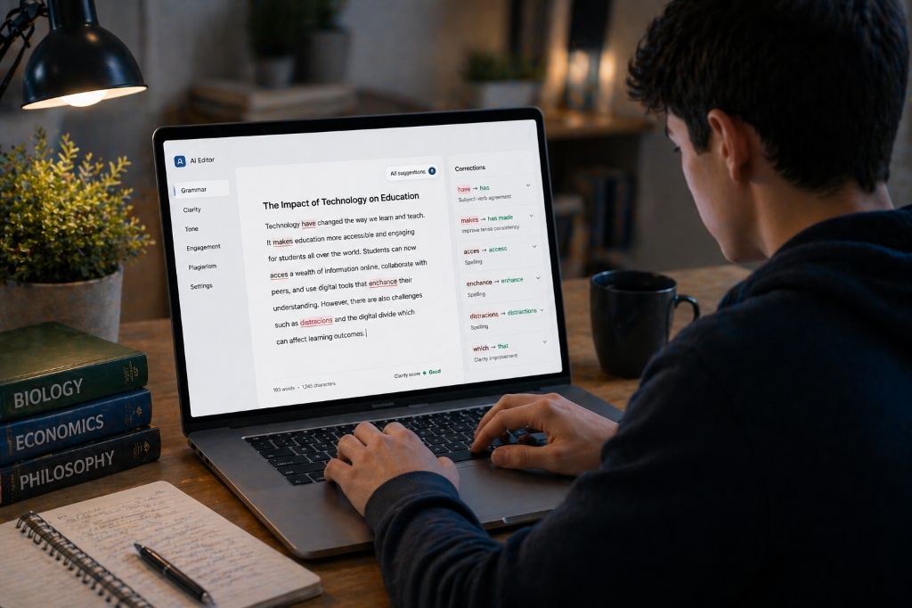 Grammarly AI Editor — student using AI writing tool showing real-time grammar corrections with Biology, Economics, Philosophy books on desk
