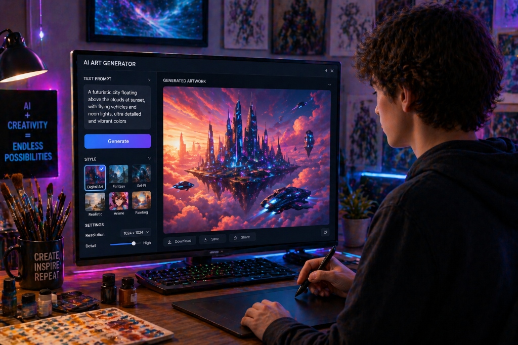 Leonardo AI Art Generator — student creating a futuristic floating city artwork using text prompt with neon lights and vibrant colors