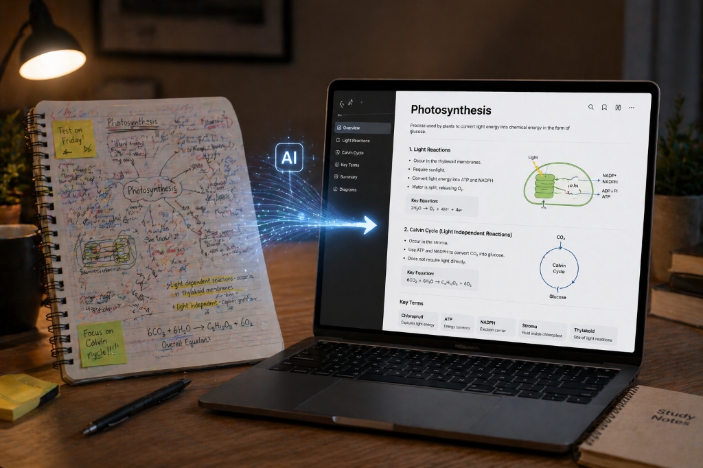 Notion AI — messy handwritten Photosynthesis notes transforming via AI into clean, organized digital study notes on laptop