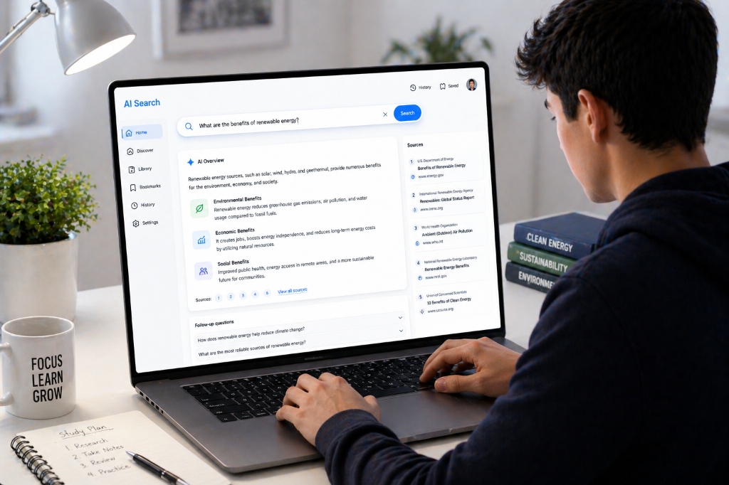 Perplexity AI — student using AI search engine showing direct answers with cited sources including government and research websites