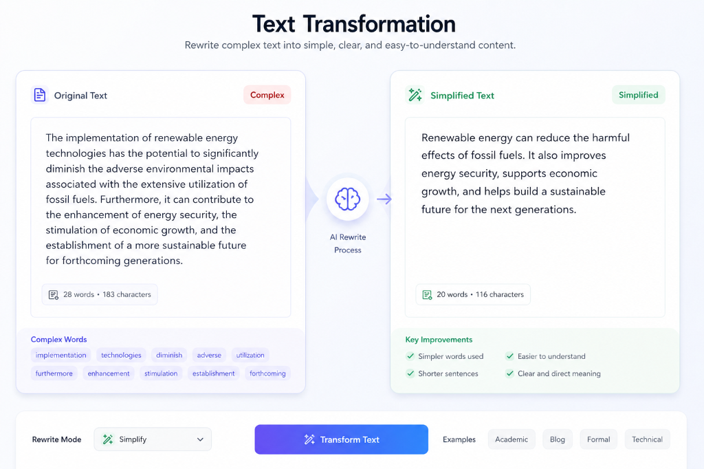 QuillBot Text Transformation — complex academic text being simplified into clear, easy-to-understand content using AI rewrite