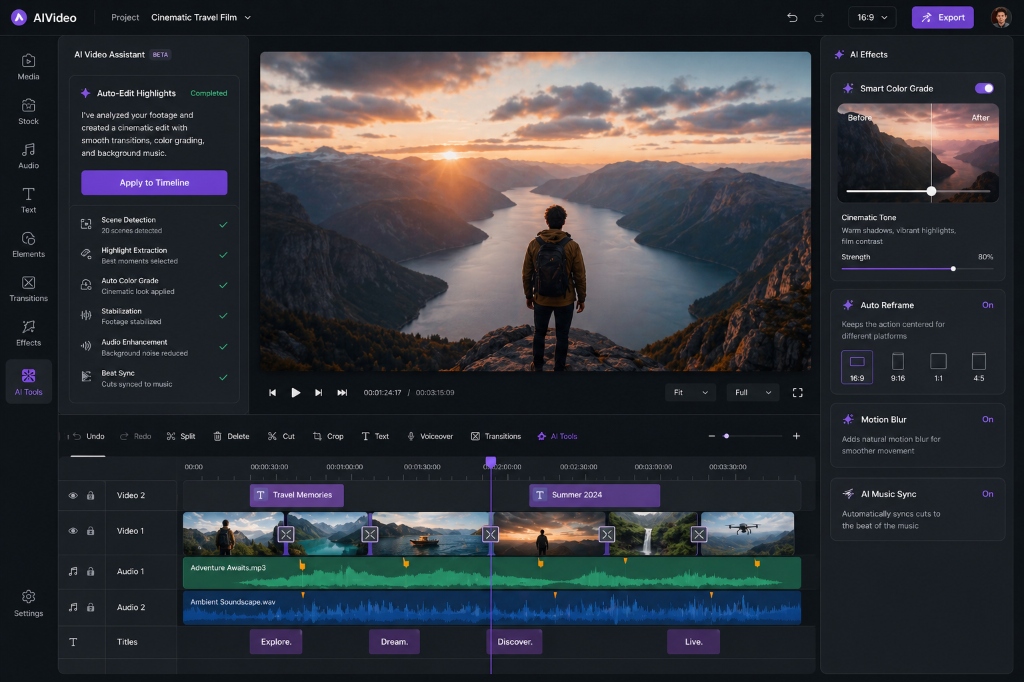 Runway ML AI Video Editor — AI-powered cinematic video editing interface with timeline, auto color grade, motion blur and AI music sync