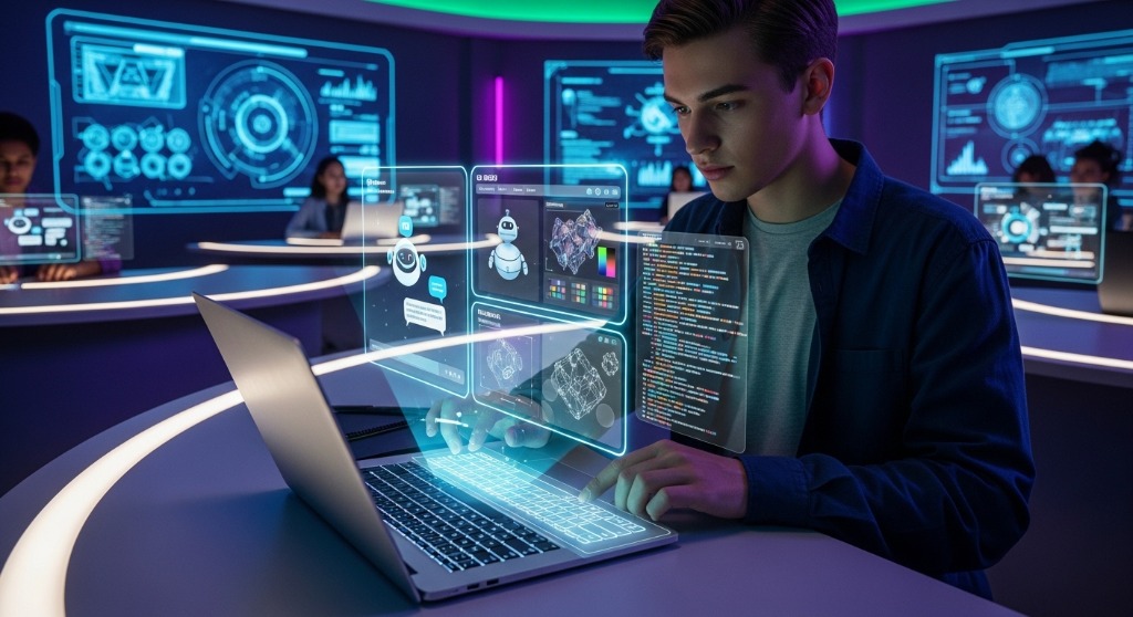 Top 10 Free AI Tools for Students 2026 — student using futuristic holographic AI interface on laptop