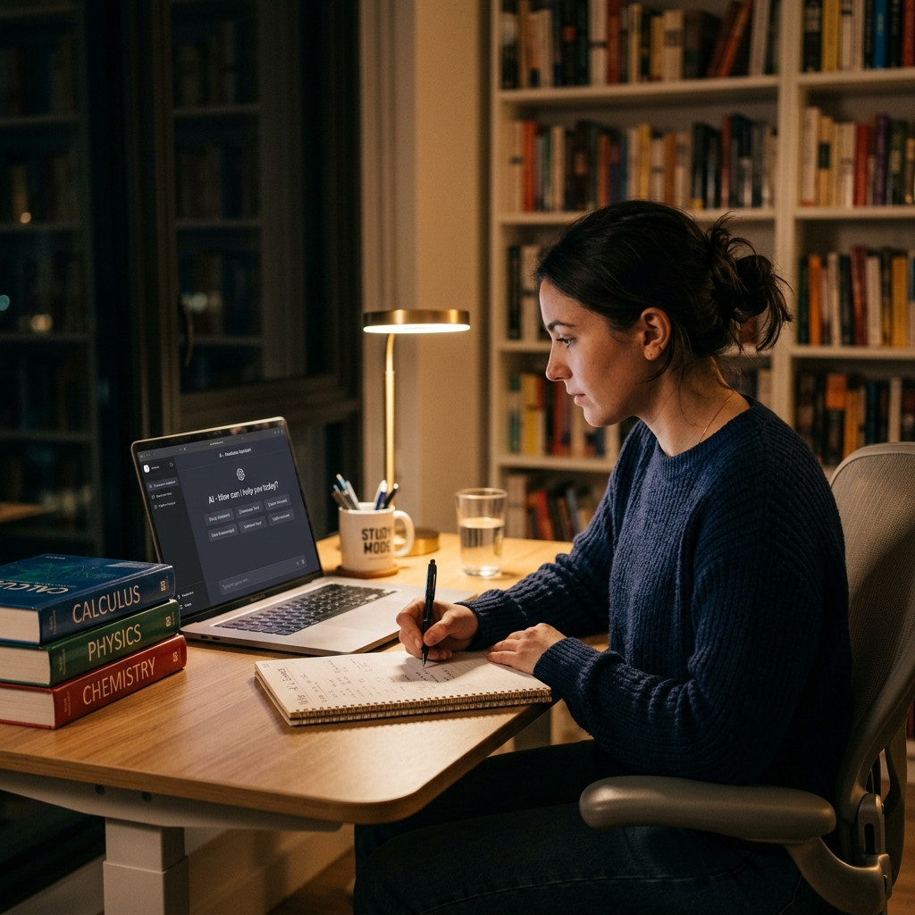 Introduction — Student studying at night using an AI tool on laptop with Calculus, Physics, Chemistry books on desk