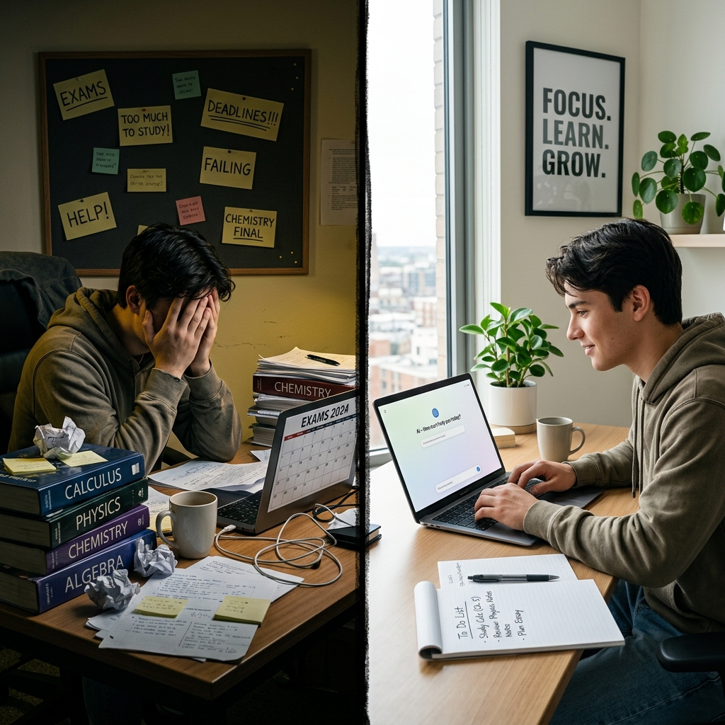 Why AI Tools Matter — split comparison of a stressed student vs a calm student using AI